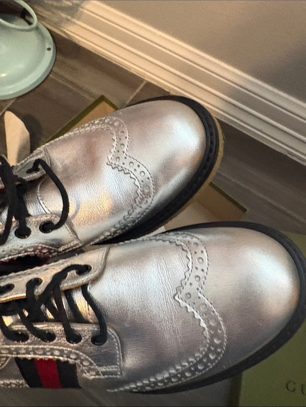 Gucci Silver Wingtip Oxfords with Red & Black Web Stripe kids unisex